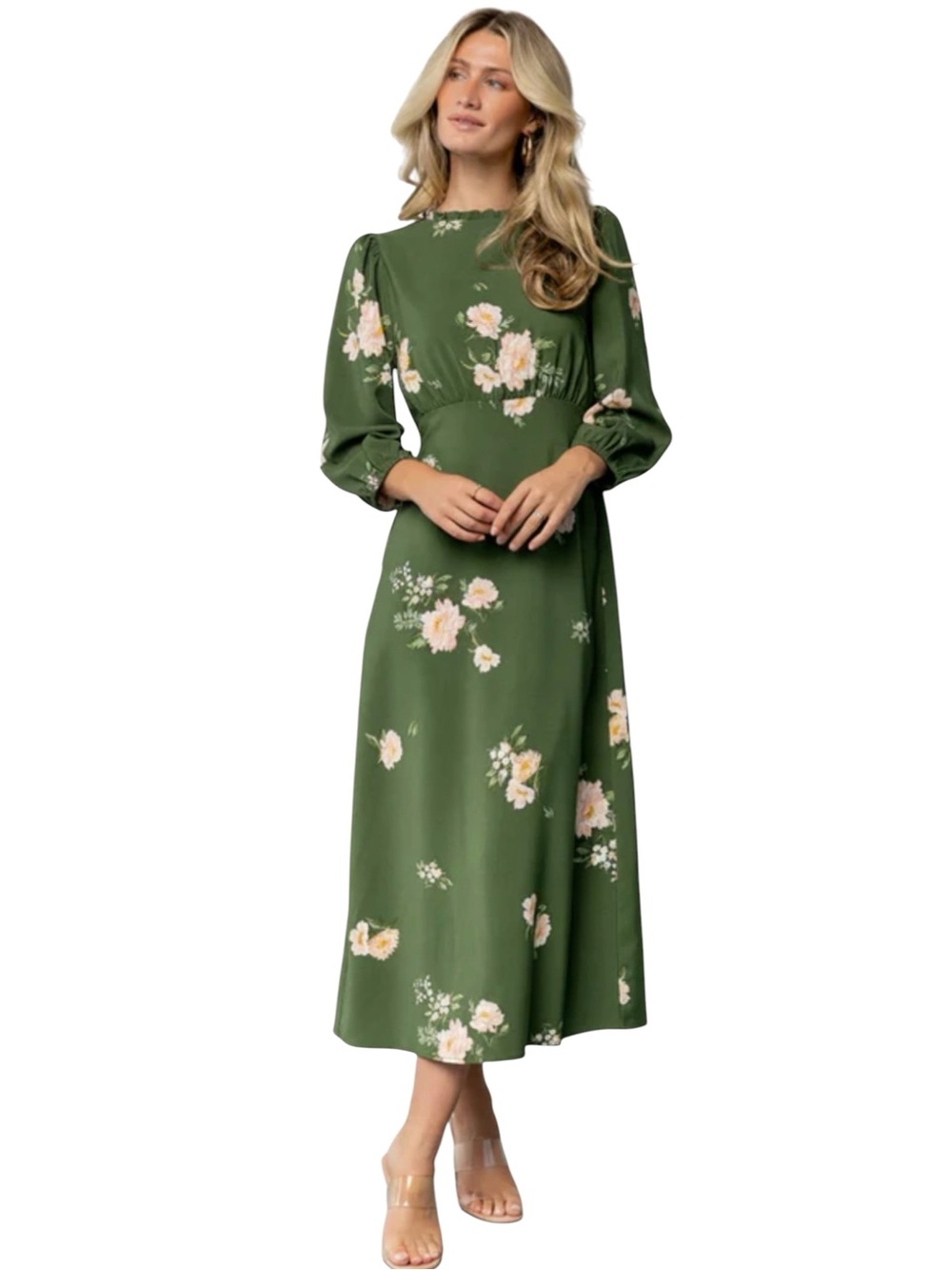 NWT Baltic Born Karalie Maxi Dress, Green Floral,3/4 Sleeve,Ruffle Mock Neck, XL